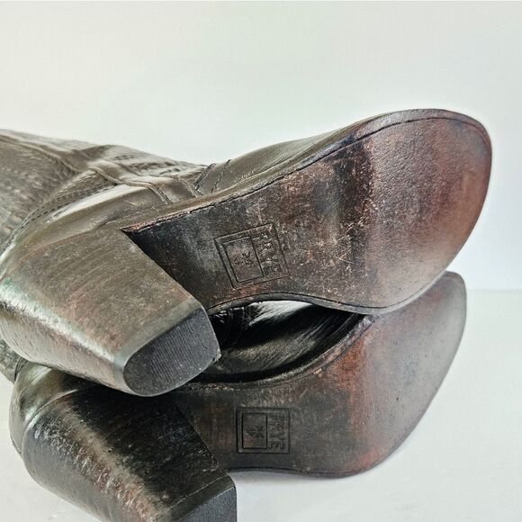 Frye Vintage Crocodile Embossed Leather Stacked Heel Boots in Distressed Black 8 - Picture 14 of 16
